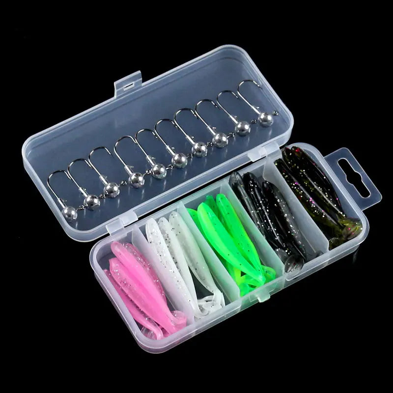 25 Pcs Lure Boxed Soft Bait Perch Warbler Fish Bait Soft Worms Threaded Curly Tail Maggot Bionic Bait Fake Baits Lead Head Hooks