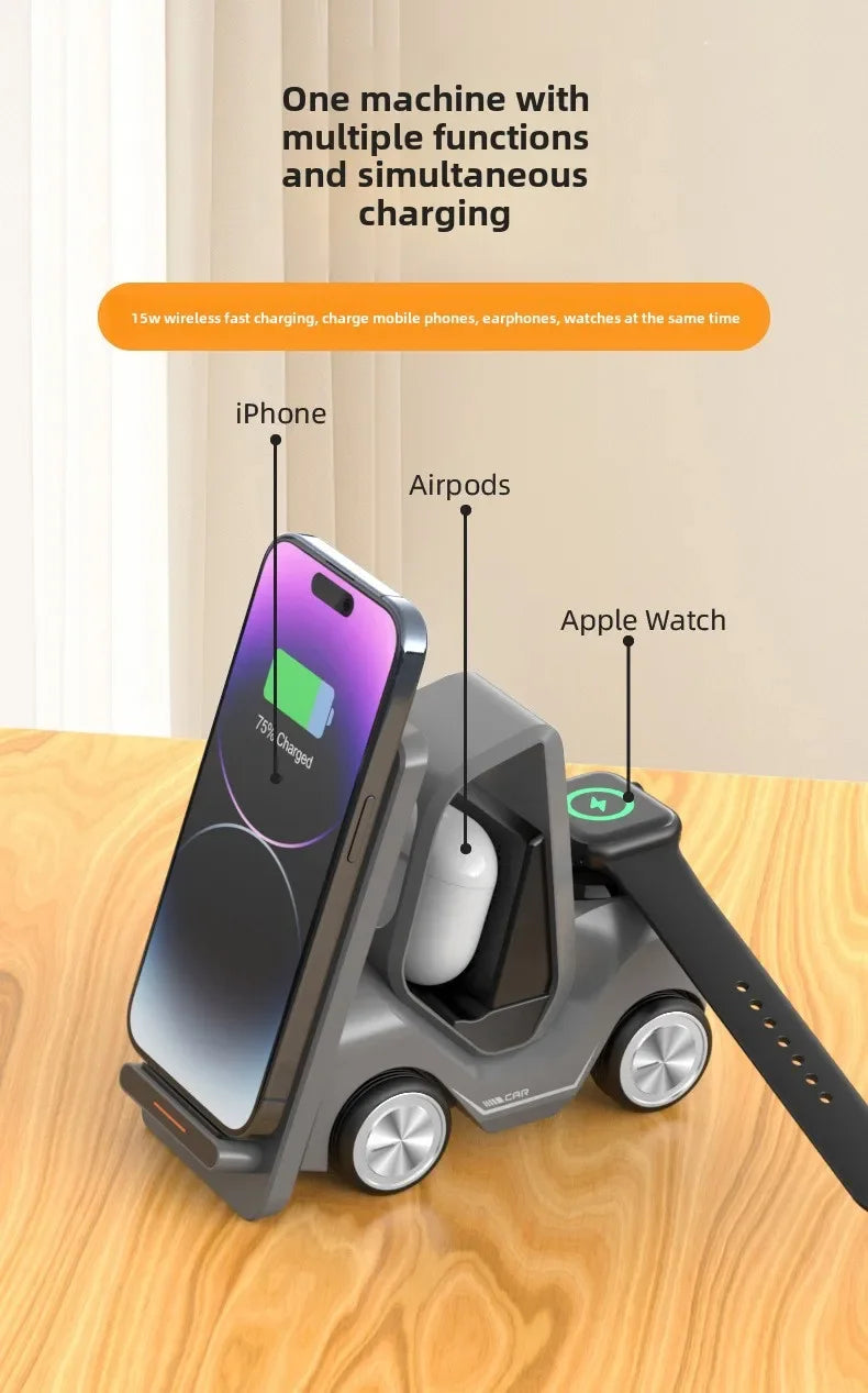 Small Forklift Wireless Charger Fast Charging Charging Station 3 in 1 High Speed Charger Base Stand for Cell Phone IWatch Airpod