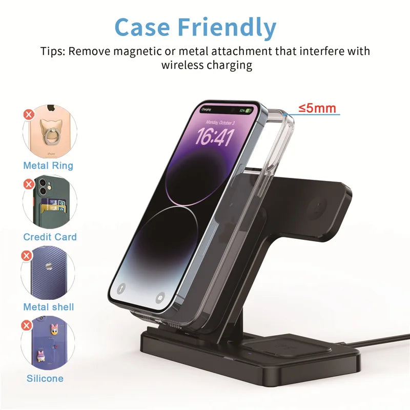 Fast 3 in 1 Wireless Charging Station Foldable Phone Wireless Charger Stand Pad for iPhone 16 15 14 13 12 Pro AirPods iWatch 1-9