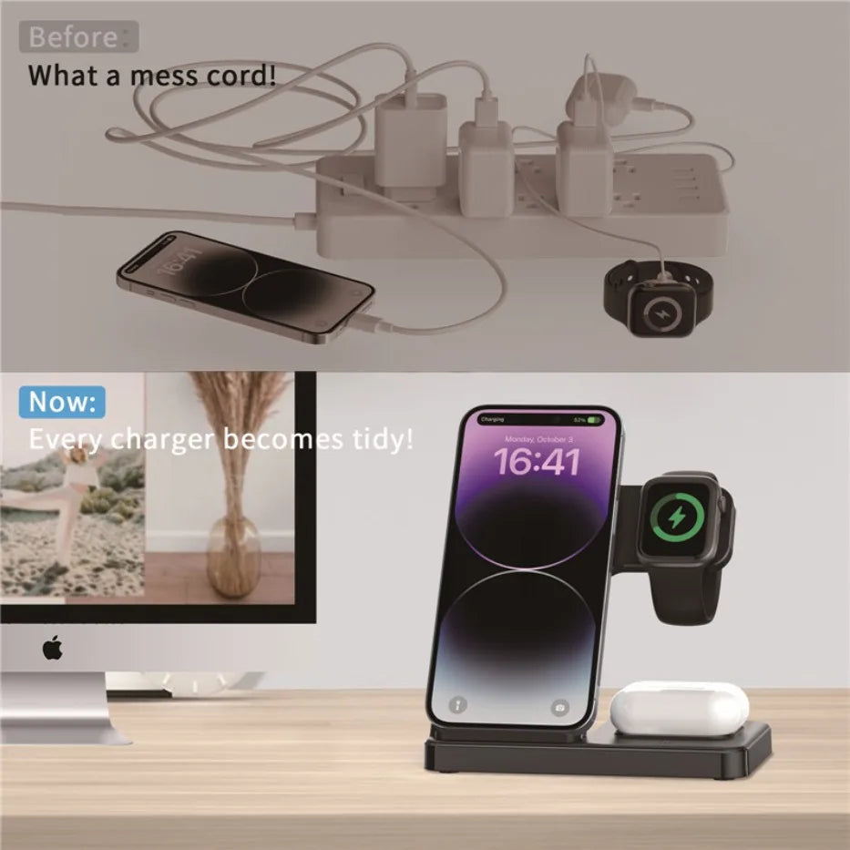 Fast 3 in 1 Wireless Charging Station Foldable Phone Wireless Charger Stand Pad for iPhone 16 15 14 13 12 Pro AirPods iWatch 1-9