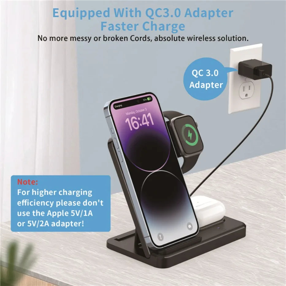 Fast 3 in 1 Wireless Charging Station Foldable Phone Wireless Charger Stand Pad for iPhone 16 15 14 13 12 Pro AirPods iWatch 1-9