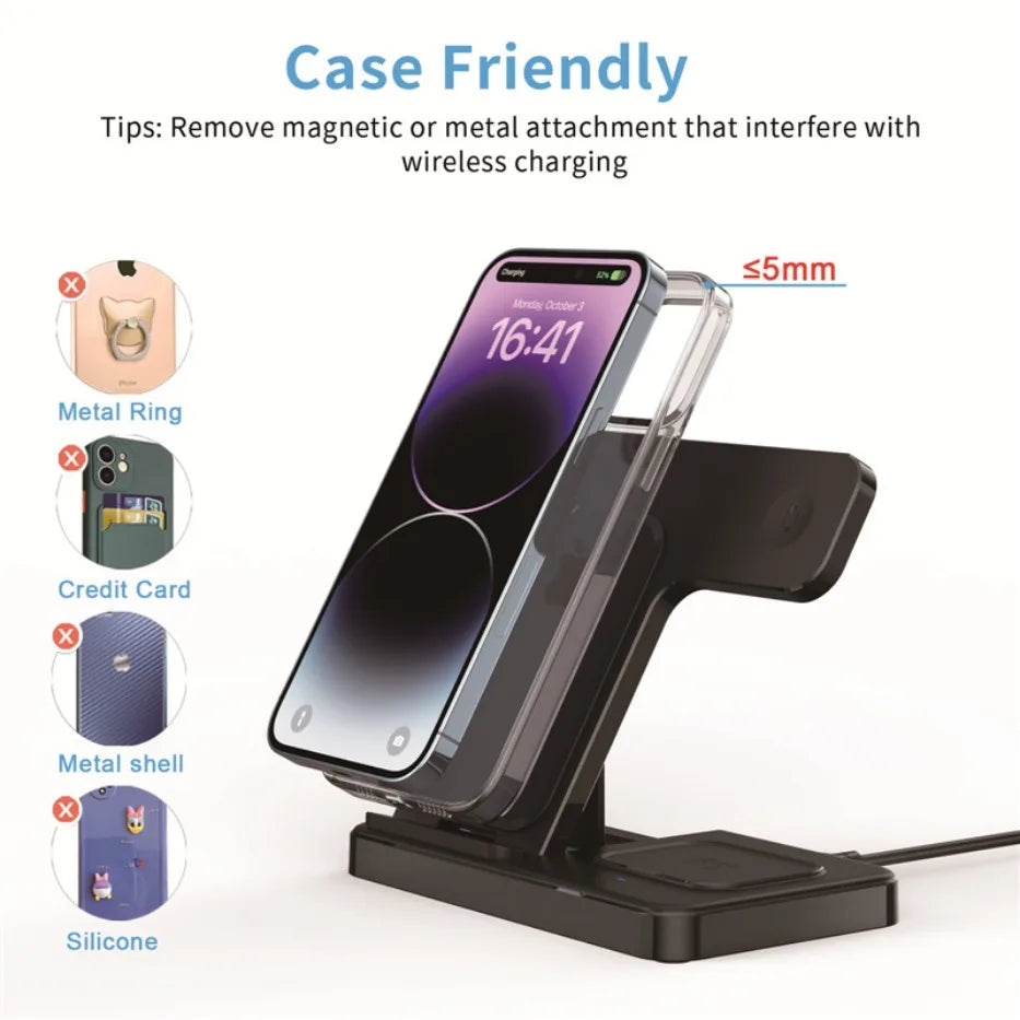 Fast 3 in 1 Wireless Charging Station Foldable Phone Wireless Charger Stand Pad for iPhone 16 15 14 13 12 Pro AirPods iWatch 1-9
