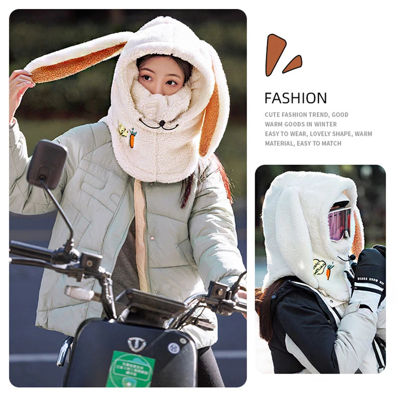 Winter Warm Ski Helmet Cover Comfortable Soft Fleece Skiing Cap Scarf Warmer Cartoon Cute Rabbit Ear Decorative Helmet Cover Hat