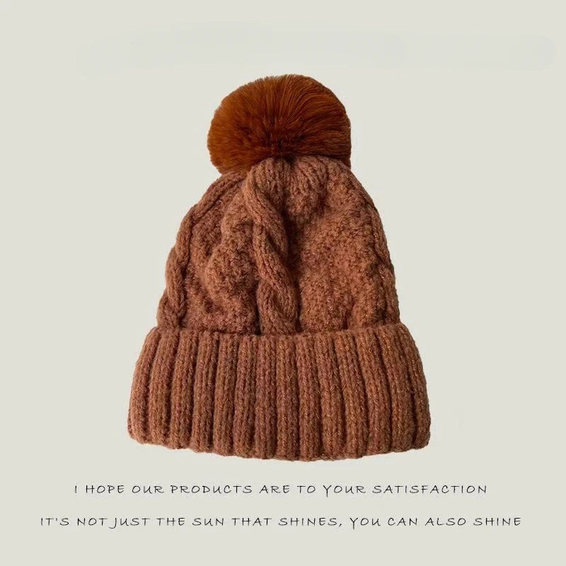 New Winter Twist Knitting Hat For Women Fur Pompom Thick Plush Cap Beanie Solid Color Ladies Warm Ski Snow Skullies Beanies