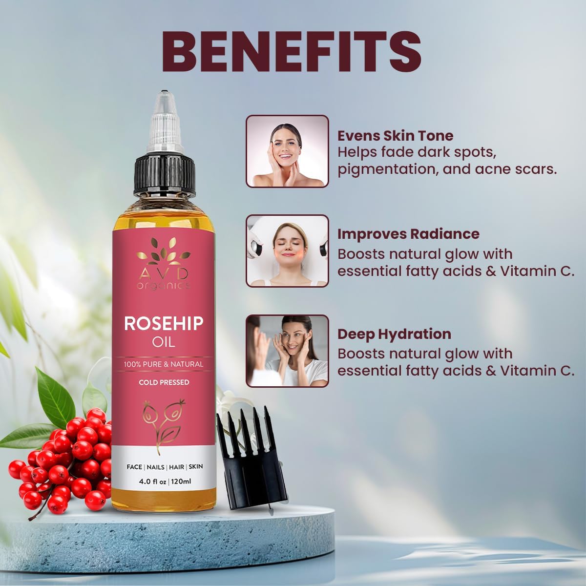 AVD Organics Rosemary Oil for Hair Growth Infused With Biotin, Jojoba & Castor Oil | Hair strengthening Treatment | Nourishing & Volumizing | Non GMO Verified 120ml (4fl oz)