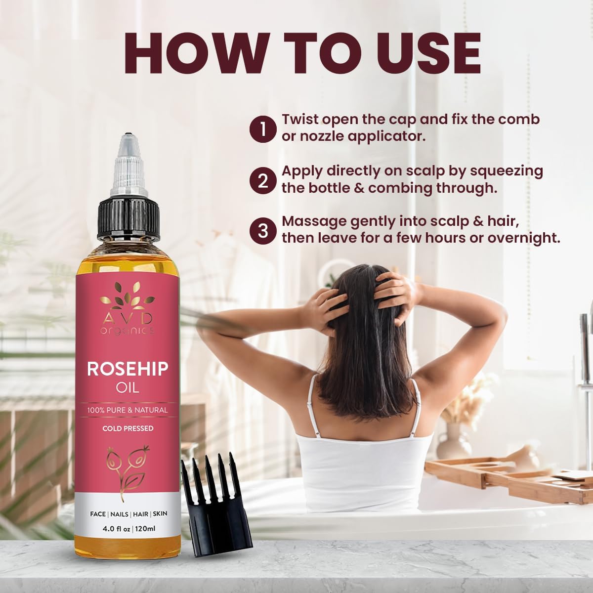 AVD Organics Rosemary Oil for Hair Growth Infused With Biotin, Jojoba & Castor Oil | Hair strengthening Treatment | Nourishing & Volumizing | Non GMO Verified 120ml (4fl oz)