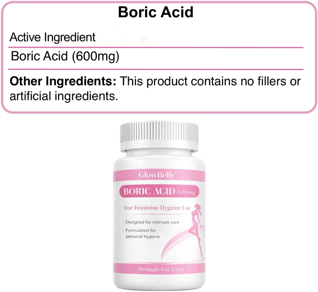 Boric Acid 600mg – 30 Count – Single Ingredient Formula by GlowBelly