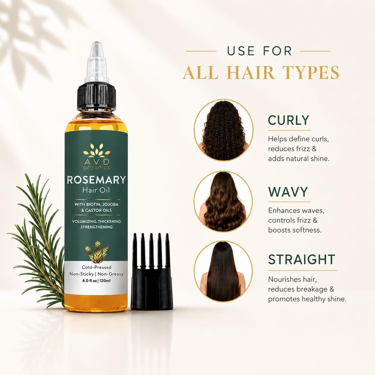 AVD Organics Rosemary Oil for Hair Growth Infused With Biotin, Jojoba & Castor Oil | Hair strengthening Treatment | Nourishing & Volumizing | Non GMO Verified 120ml (4fl oz)