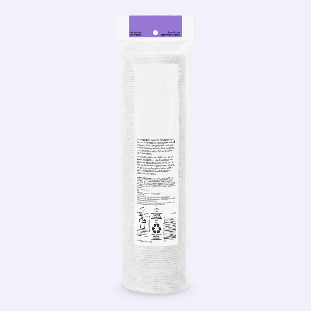 Amazon Basics Hypoallergenic Cotton Rounds for Makeup Removal and Skincare, 100 Count, 1 Pack