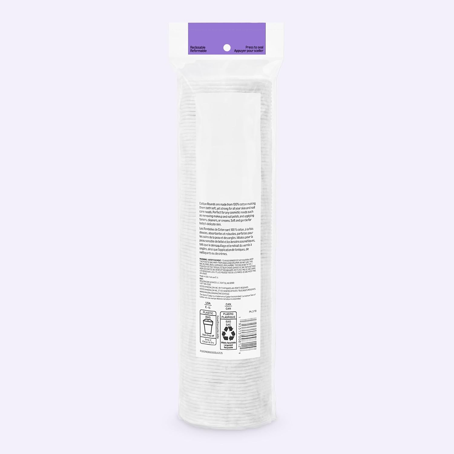 Amazon Basics Hypoallergenic Cotton Rounds for Makeup Removal and Skincare, 100 Count, 1 Pack