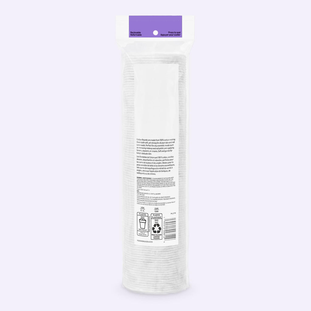 Amazon Basics Hypoallergenic Cotton Rounds for Makeup Removal and Skincare, 100 Count, 1 Pack