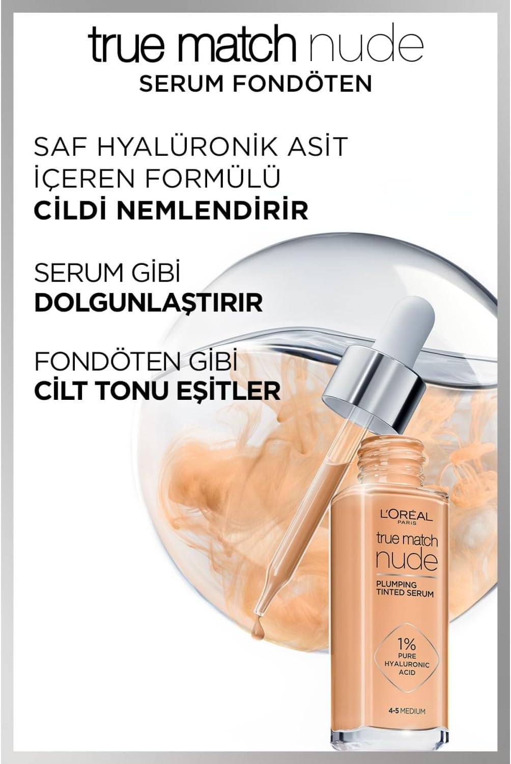 L’Oréal Paris, Serum Foundation, Hydrating & Smoothing, True Match Nude Plumping Serum, 30 ml, Shade: 3-4 Light-Medium
