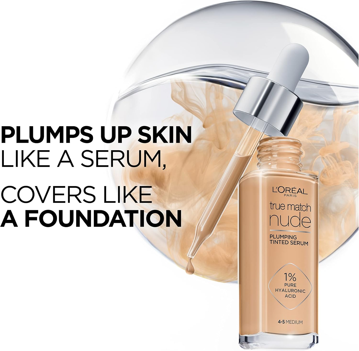 L’Oréal Paris, Serum Foundation, Hydrating & Smoothing, True Match Nude Plumping Serum, 30 ml, Shade: 3-4 Light-Medium