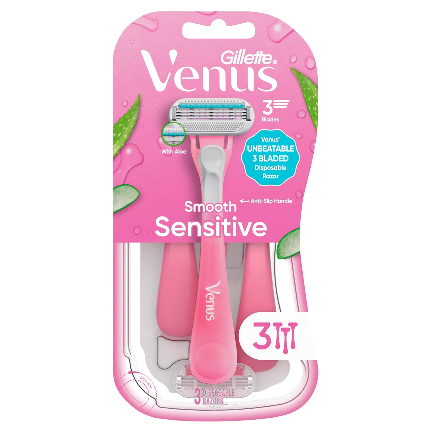 Gillette Venus Sensitive Women's Disposable Razors - Single Package of 3 Razors