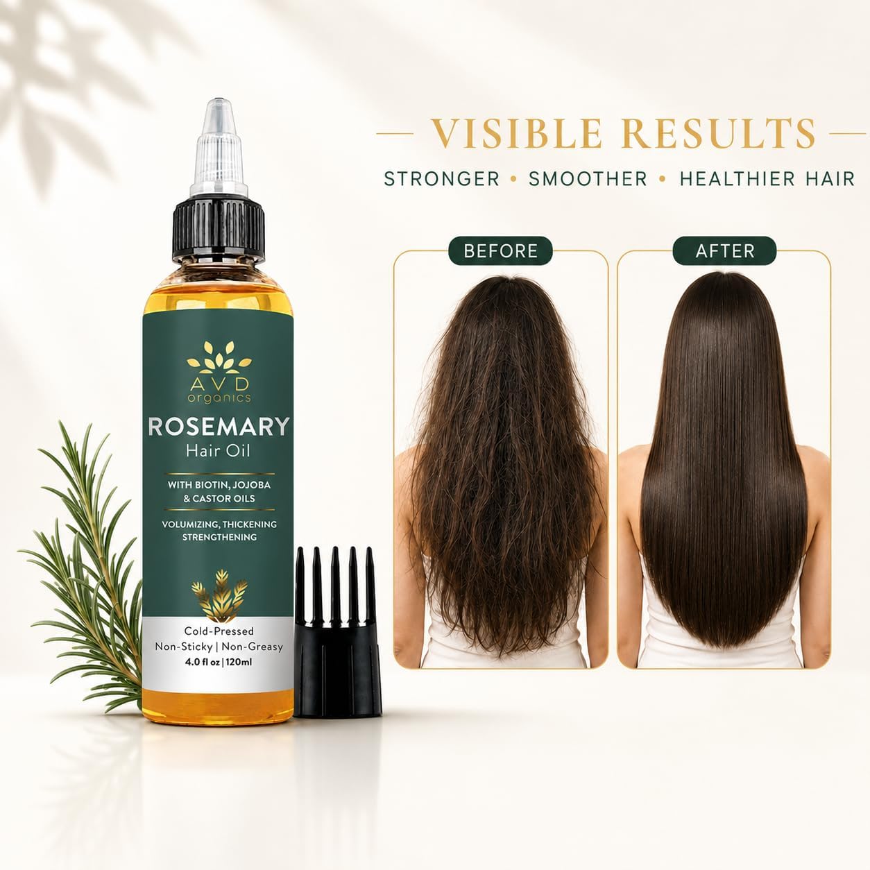 AVD Organics Rosemary Oil for Hair Growth Infused With Biotin, Jojoba & Castor Oil | Hair strengthening Treatment | Nourishing & Volumizing | Non GMO Verified 120ml (4fl oz)
