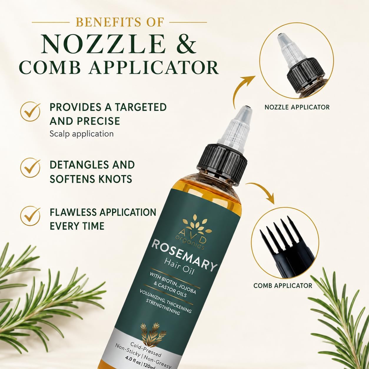 AVD Organics Rosemary Oil for Hair Growth Infused With Biotin, Jojoba & Castor Oil | Hair strengthening Treatment | Nourishing & Volumizing | Non GMO Verified 120ml (4fl oz)