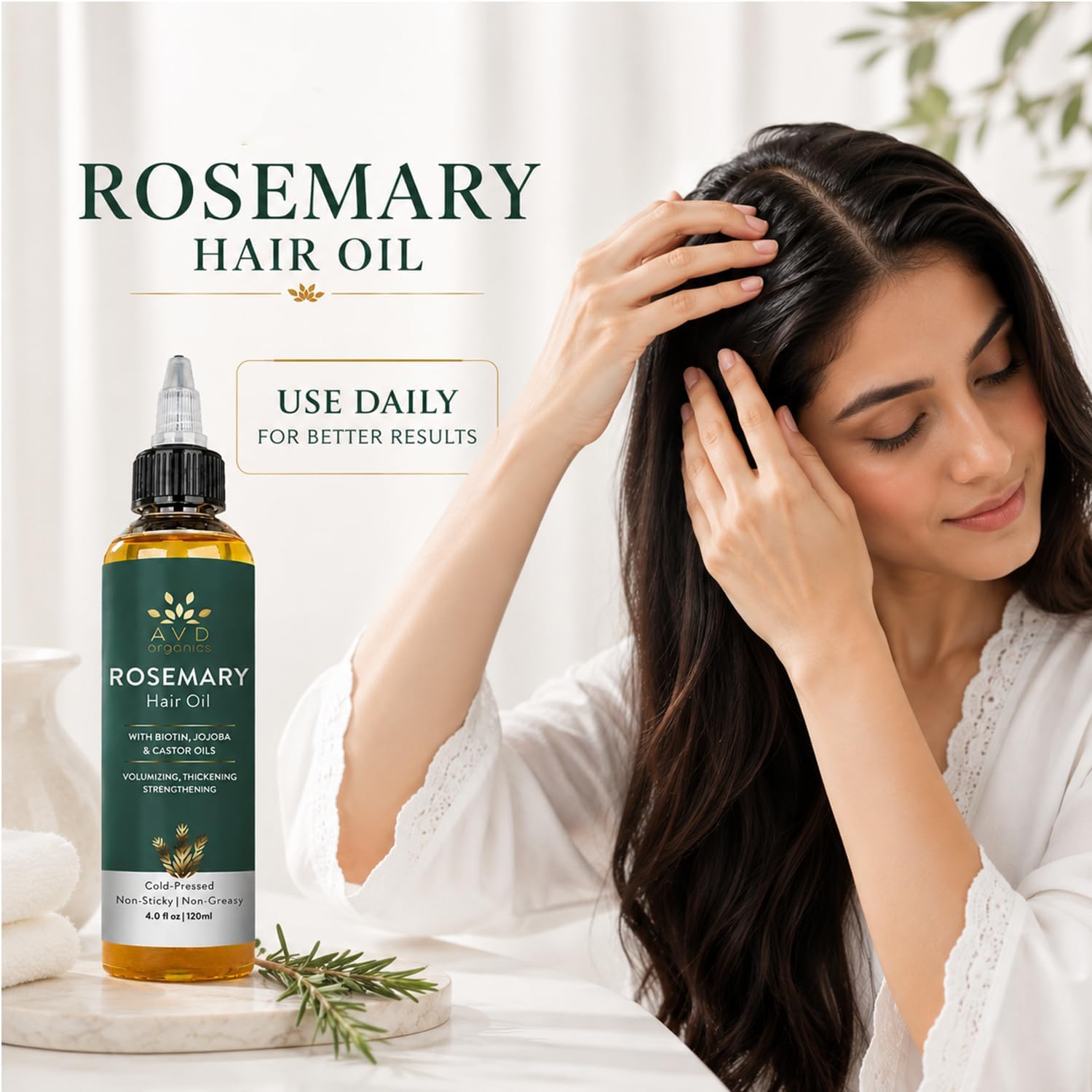 AVD Organics Rosemary Oil for Hair Growth Infused With Biotin, Jojoba & Castor Oil | Hair strengthening Treatment | Nourishing & Volumizing | Non GMO Verified 120ml (4fl oz)