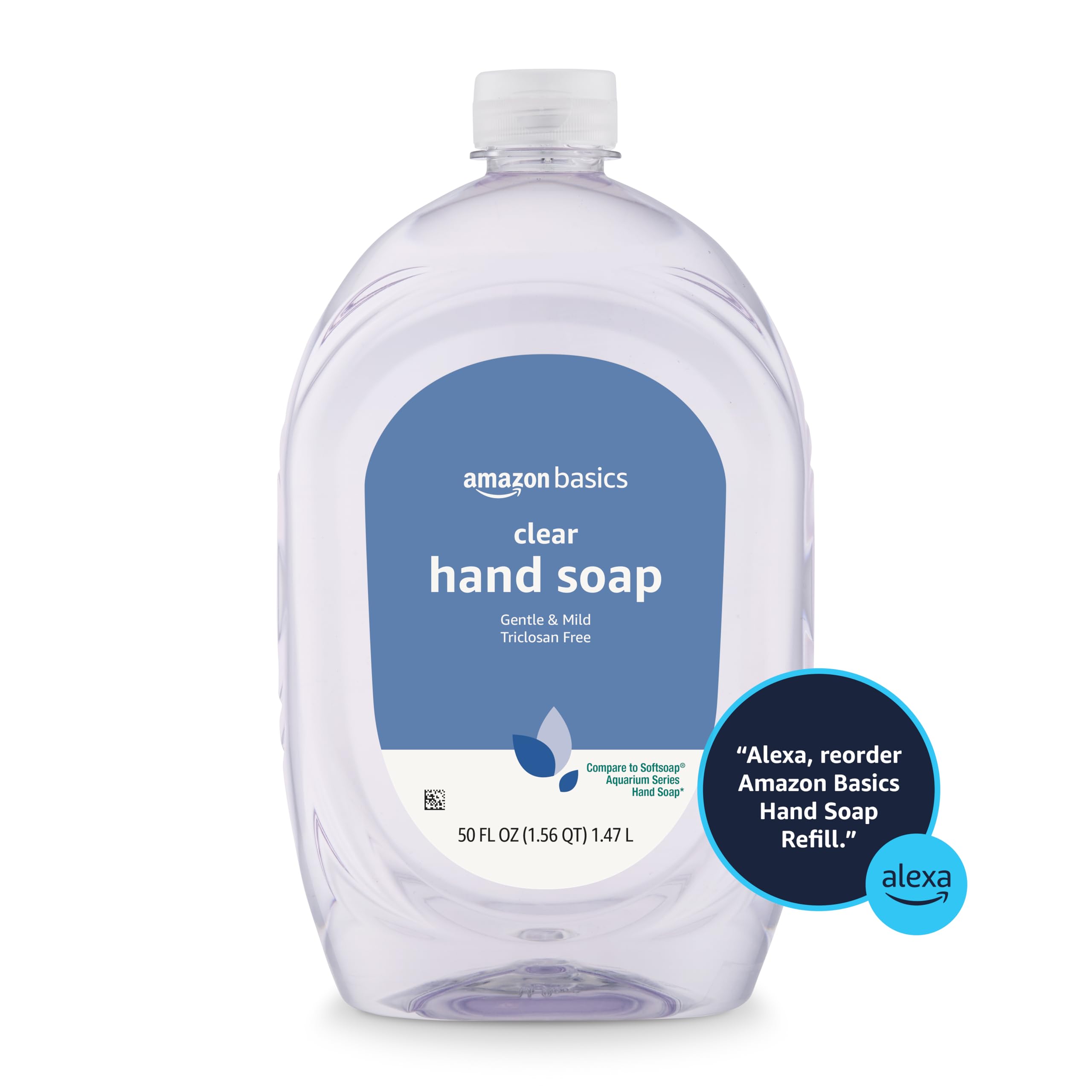 Amazon Basics Gentle & Mild Clear Liquid Hand Soap Refill, Triclosan-Free, Dermatologist-Tested, pH Balanced, Cruelty-Free, 50 Fluid Ounces, 1-Pack (Previously Solimo)