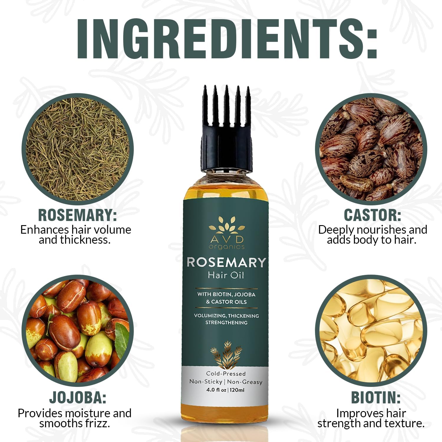 AVD Organics Rosemary Oil for Hair Growth Infused With Biotin, Jojoba & Castor Oil | Hair strengthening Treatment | Nourishing & Volumizing | Non GMO Verified 120ml (4fl oz)