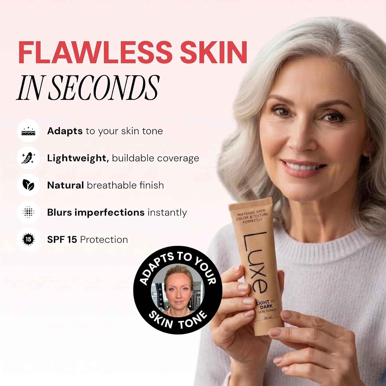 Luxe Color Changing Foundation for Women – Instantly Adapts to Your Skin Tone – Buildable Light-to-Medium Coverage – 12-Hour Wear – Natural Dewy Finish