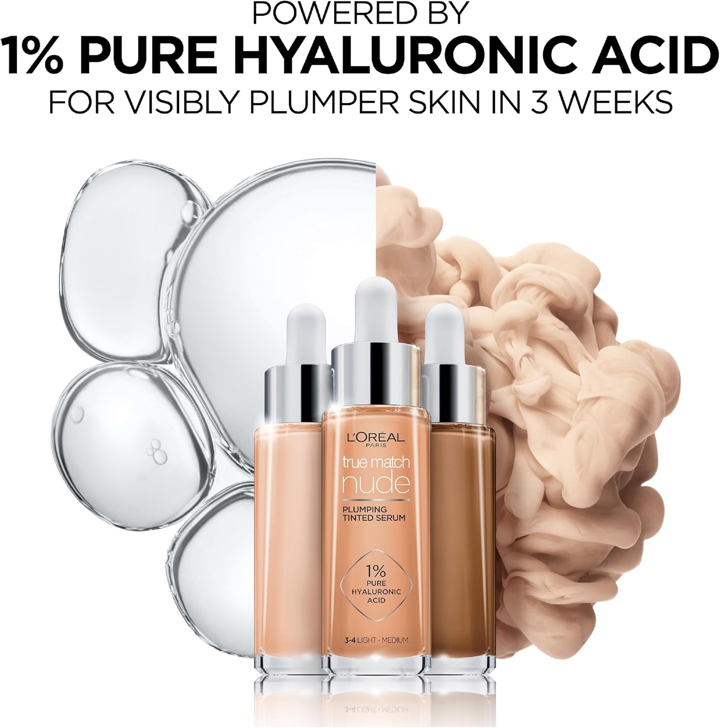 L’Oréal Paris, Serum Foundation, Hydrating & Smoothing, True Match Nude Plumping Serum, 30 ml, Shade: 3-4 Light-Medium
