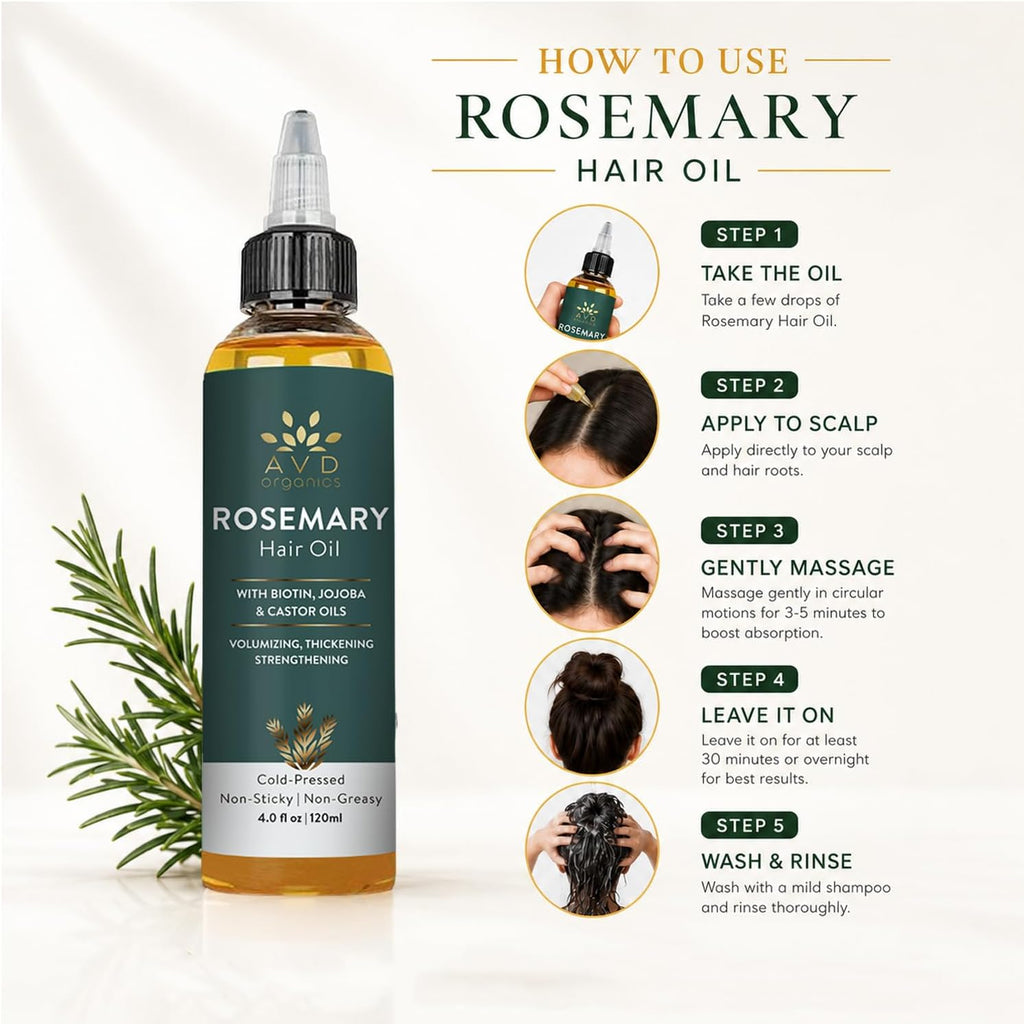 AVD Organics Rosemary Oil for Hair Growth Infused With Biotin, Jojoba & Castor Oil | Hair strengthening Treatment | Nourishing & Volumizing | Non GMO Verified 120ml (4fl oz)
