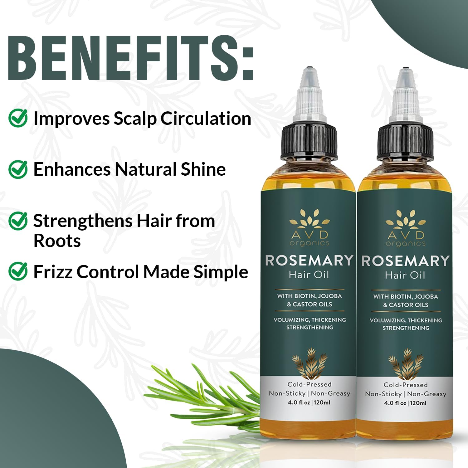 AVD Organics Rosemary Oil for Hair Growth Infused With Biotin, Jojoba & Castor Oil | Hair strengthening Treatment | Nourishing & Volumizing | Non GMO Verified 120ml (4fl oz)