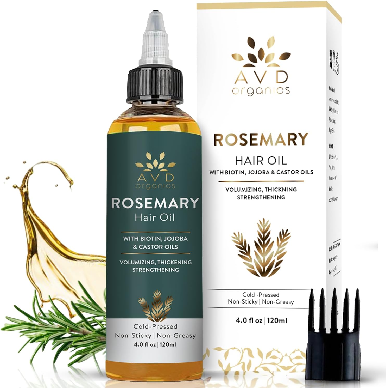 AVD Organics Rosemary Oil for Hair Growth Infused With Biotin, Jojoba & Castor Oil | Hair strengthening Treatment | Nourishing & Volumizing | Non GMO Verified 120ml (4fl oz)