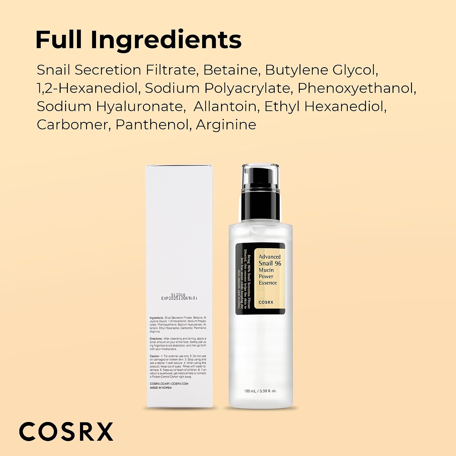 COSRX Snail Mucin 96% Power Repairing Essence 100ml, Hydrating Serum for Face with Snail Secretion Filtrate for Dull Skin & Fine Lines, Korean Skincare