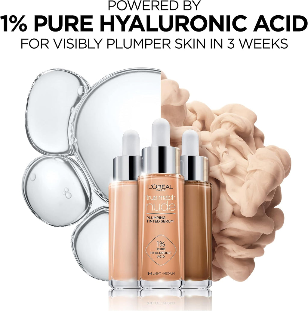 L’Oréal Paris, Serum Foundation, Hydrating & Smoothing, True Match Nude Plumping Serum, 30 ml, Shade: 3-4 Light-Medium