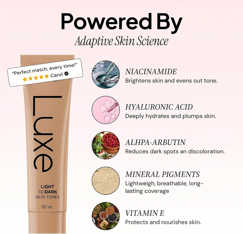 Luxe Color Changing Foundation for Women – Instantly Adapts to Your Skin Tone – Buildable Light-to-Medium Coverage – 12-Hour Wear – Natural Dewy Finish