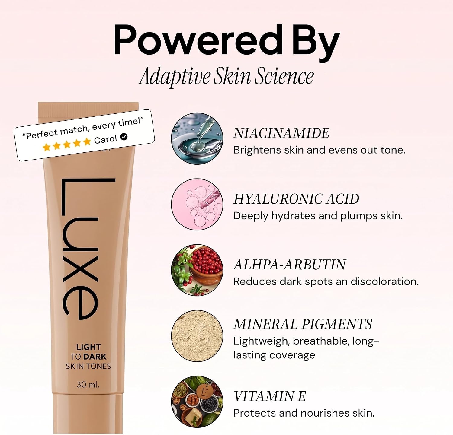 Luxe Color Changing Foundation for Women – Instantly Adapts to Your Skin Tone – Buildable Light-to-Medium Coverage – 12-Hour Wear – Natural Dewy Finish