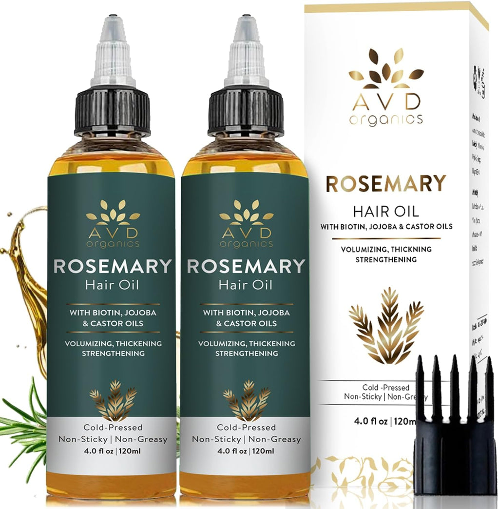 AVD Organics Rosemary Oil for Hair Growth Infused With Biotin, Jojoba & Castor Oil | Hair strengthening Treatment | Nourishing & Volumizing | Non GMO Verified 120ml (4fl oz)
