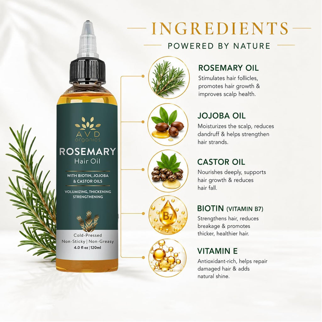 AVD Organics Rosemary Oil for Hair Growth Infused With Biotin, Jojoba & Castor Oil | Hair strengthening Treatment | Nourishing & Volumizing | Non GMO Verified 120ml (4fl oz)