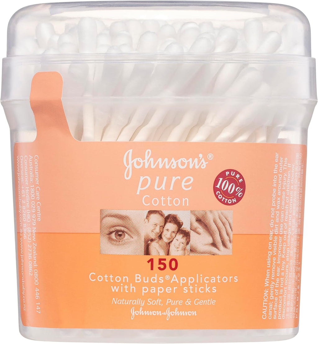 Johnsons Adult Pure Cotton Bud Applicators with Paper Sticks 150 Pack | Ideal for Cleaning Outer Ears| Nail Polish and Applying Eye Make-up.