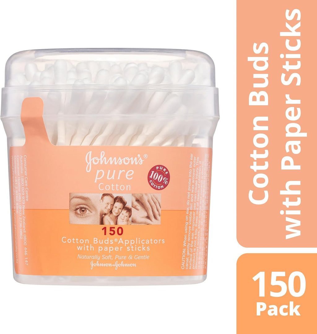 Johnsons Adult Pure Cotton Bud Applicators with Paper Sticks 150 Pack | Ideal for Cleaning Outer Ears| Nail Polish and Applying Eye Make-up.