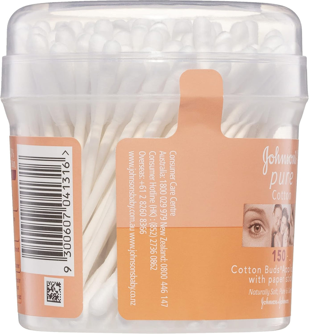 Johnsons Adult Pure Cotton Bud Applicators with Paper Sticks 150 Pack | Ideal for Cleaning Outer Ears| Nail Polish and Applying Eye Make-up.