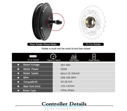 Electric Bicycle Conversion Kit 36V48V 500W Rear Rotate Brushless Gearless Hub Motor  20-29inch 700C For Ebike Conversion Kit