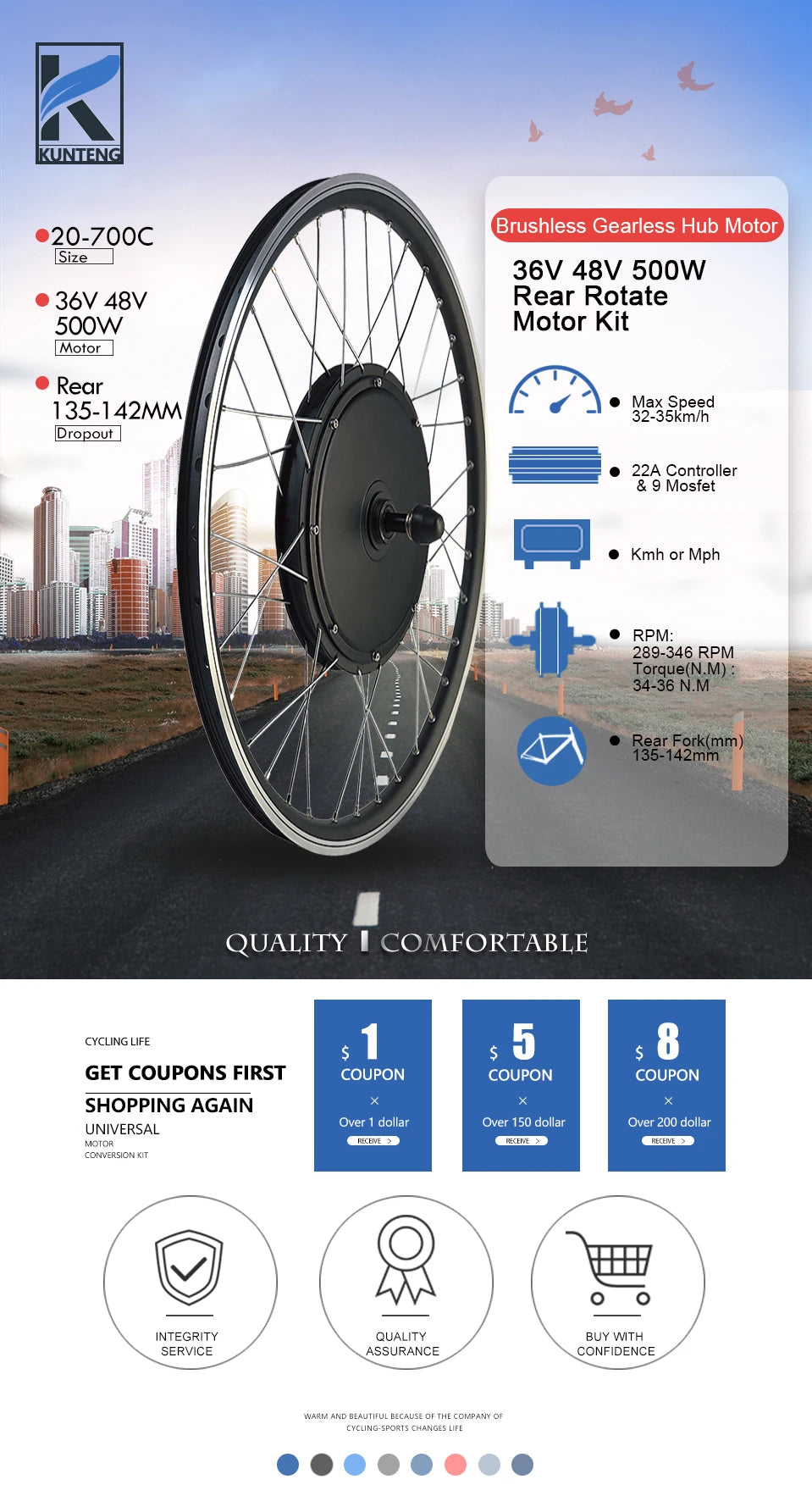 Electric Bicycle Conversion Kit 36V48V 500W Rear Rotate Brushless Gearless Hub Motor  20-29inch 700C For Ebike Conversion Kit