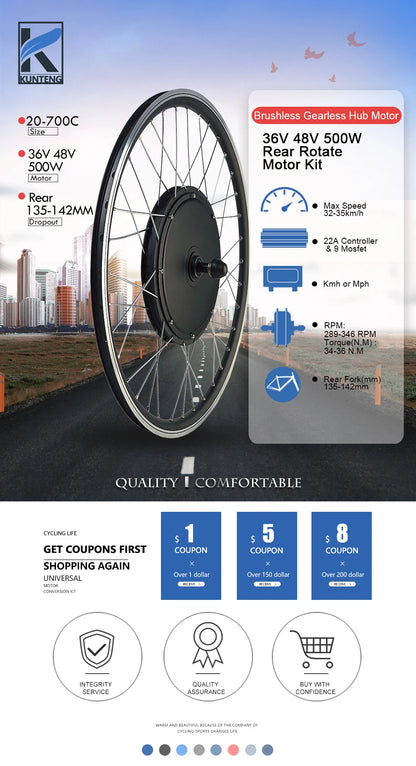 Electric Bicycle Conversion Kit 36V48V 500W Rear Rotate Brushless Gearless Hub Motor  20-29inch 700C For Ebike Conversion Kit