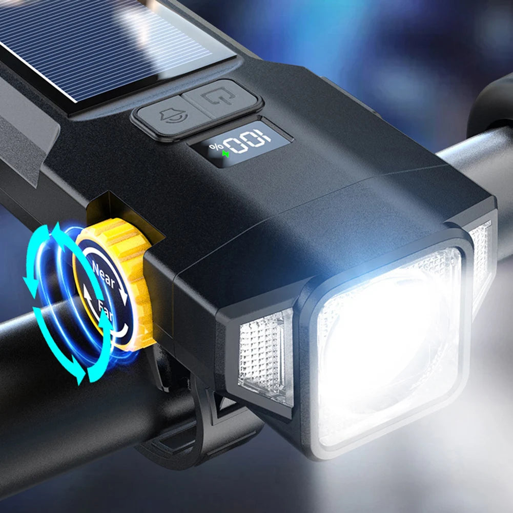 Solar Bike Front Light USB Rechargeable Super Bright Bike Light Power Display High Brightness Bike Flashlight for Night Riding