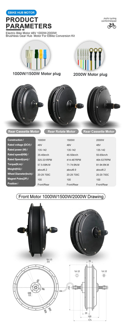 Electric Bike Motor 48V 2000W/1000W/1500W Brushless Non-gear Hub Motor for Ebike Conversion KIt and Scooter