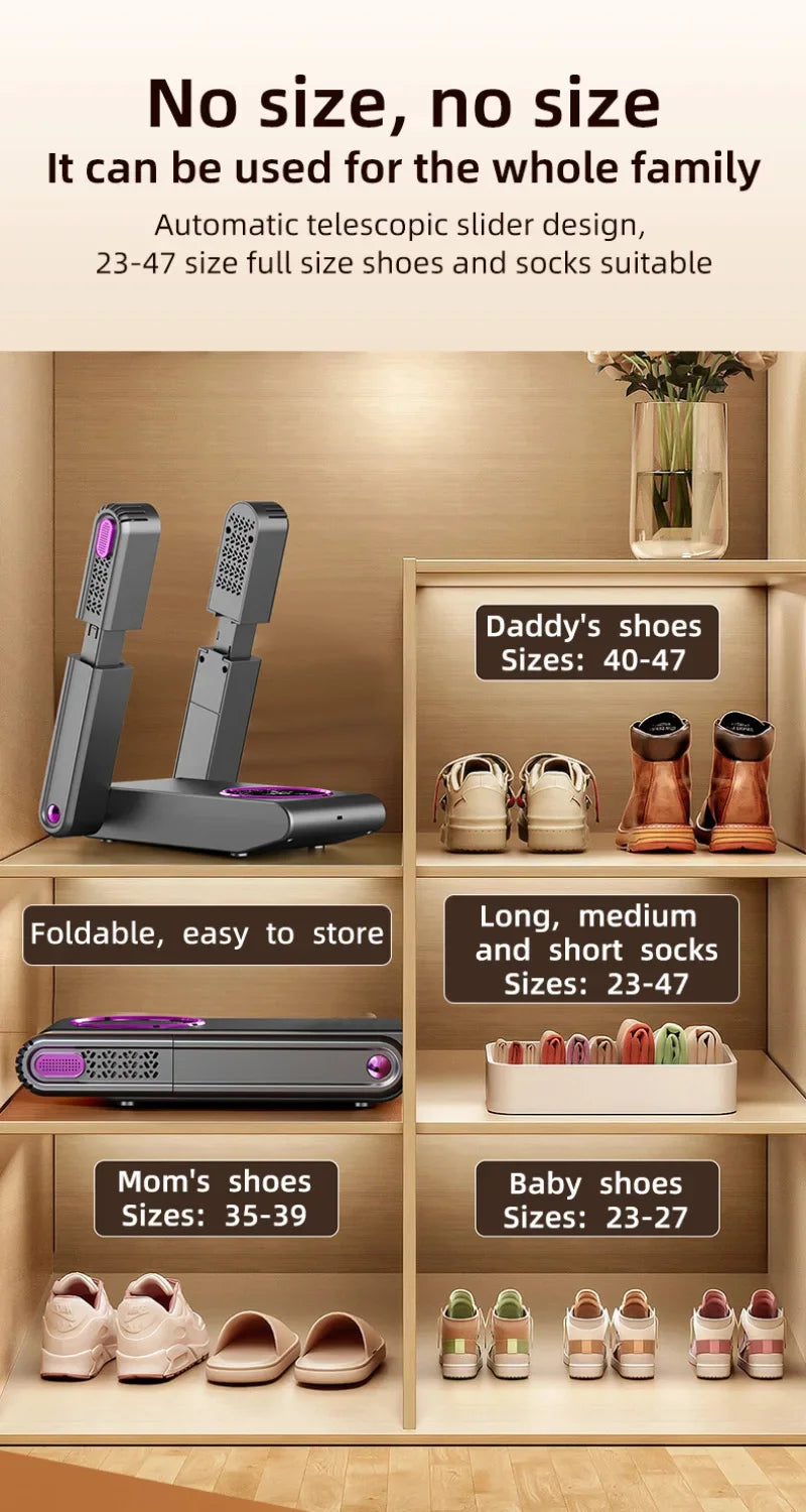 Portable Shoe Dryer Electric Shoe and Boot Dryer 180° Folding Design Smart Display for Shoes Gloves Hats Socks Ski Boots