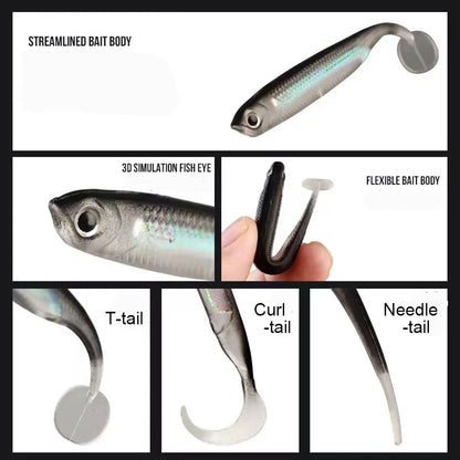 5pcs/lot Fishing Soft Bait T Tail Fish Fishing Lures Rainbow Color Sequin Swing Fishing Spinner Bait