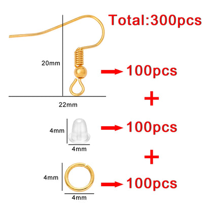 100-300pcs/Lot Hypoallergenic Earring Hook Kit Mix-color Ear Wires Fish Hooks Open Jump Rings Earplugs For DIY Jewelry Making