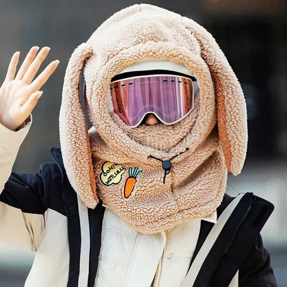Winter Warm Ski Helmet Cover Comfortable Soft Fleece Skiing Cap Scarf Warmer Cartoon Cute Rabbit Ear Decorative Helmet Cover Hat