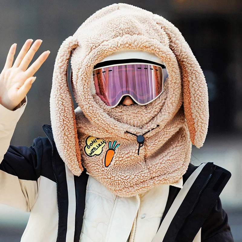 Winter Warm Ski Helmet Cover Comfortable Soft Fleece Skiing Cap Scarf Warmer Cartoon Cute Rabbit Ear Decorative Helmet Cover Hat