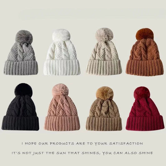 New Winter Twist Knitting Hat For Women Fur Pompom Thick Plush Cap Beanie Solid Color Ladies Warm Ski Snow Skullies Beanies