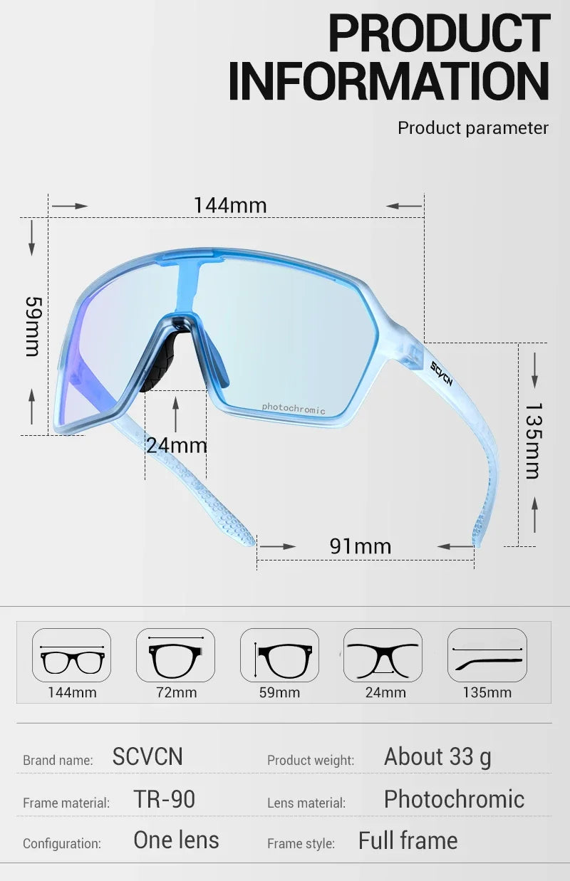 SCVCN Color Photochromic Cycling Glasses UV400 Sunglasses for Men Women Driving Glasses MTB Road Bike Sport Eyewear Running