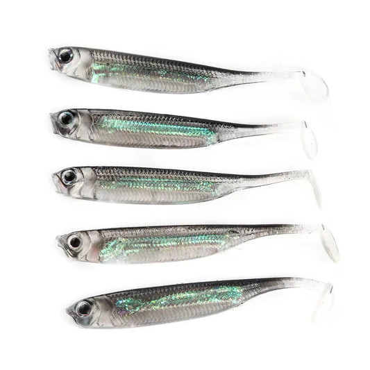 5pcs/lot Fishing Soft Bait T Tail Fish Fishing Lures Rainbow Color Sequin Swing Fishing Spinner Bait